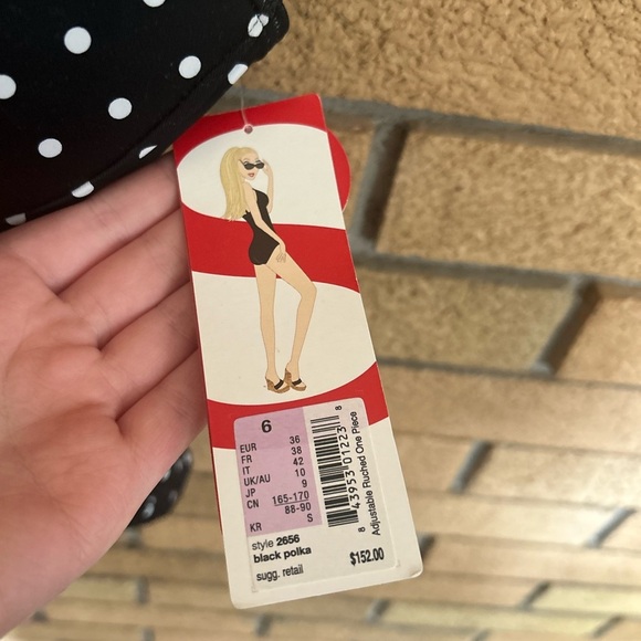 NWT SPANX Womens Black Polka Dot Adjustable Ruched One Piece Swimsuit Size 6 - Picture 2 of 4